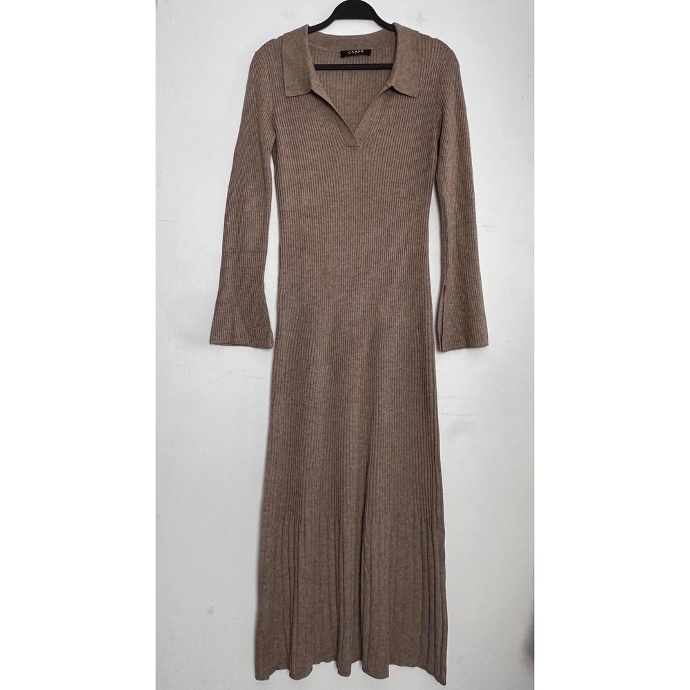 CAARA Taupe Ribbed Knit Polo Midi Dress SM Wool Blend Bell Sleeve Quiet Luxury